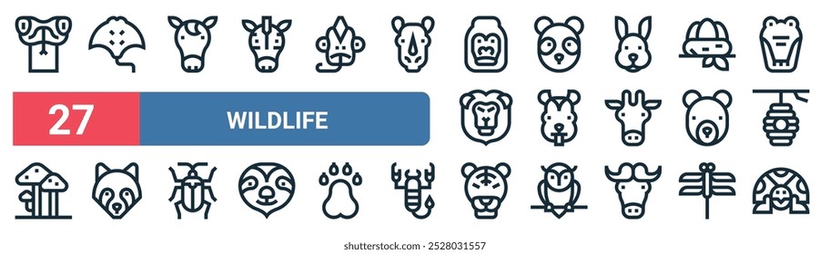 27 set of outline web wildlife icons featuring manta ray, horse, panda, squirrel, bear, racoon, tiger, turtle vector thin line icons for ui, web design and mobile app.