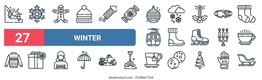 27 set of outline web winter icons featuring snowflake, gingerbread, snow, snow boot, candelabra, gift, tea, sled vector thin line icons for ui, web design and mobile app.