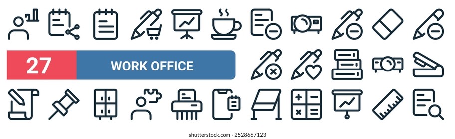 27 set of outline web work office icons featuring notebook, notebook, projector, pen, projector, push pin, whiteboard, paper vector thin line icons for ui, web design and mobile app.