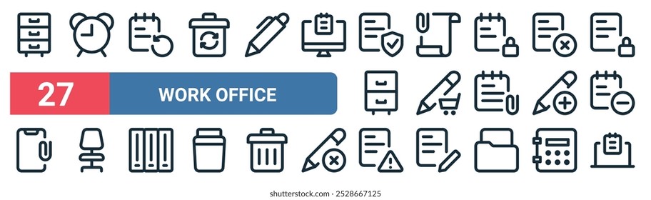 27 set of outline web work office icons featuring alarm clock, notebook, file, pencil, pencil, office chair, paper, laptop vector thin line icons for ui, web design and mobile app.