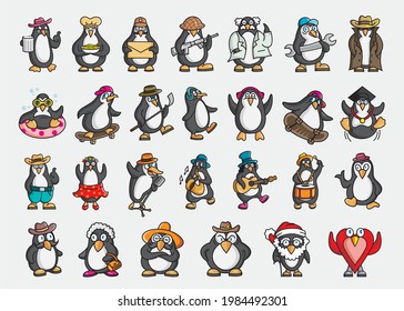 27 sets of vector illustrations of various types of penguin characters.