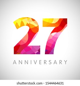 27 th anniversary numbers. 27 years old yellow coloured logotype. Age congrats, congratulation idea. Isolated abstract graphic web design template. Creative 2, 7 digits. Up to 27% percent off discount