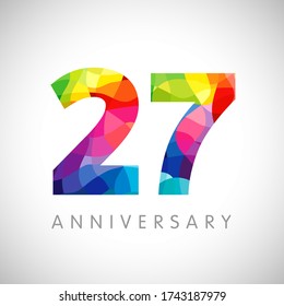 27 th anniversary numbers. 27 years old logotype. Bright congrats. Isolated abstract graphic design template. Creative 2, 7 sign 3D digits. Up to 27%, -27% percent off discount. Congratulation concept