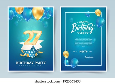 27 th years birthday vector invitation double card. Twenty seven years anniversary celebration brochure. Template of invitational for print on blue background