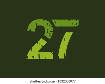 27 vector number made of grungy, grunge texture. Rubber stamp imprint style. For logo, brand label, poster, design elements etc.