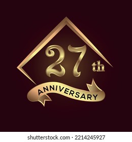 27 year anniversary celebration. Anniversary logo with square and elegance golden colour isolated on red background, vector design for celebration, invitation card, and greeting card
