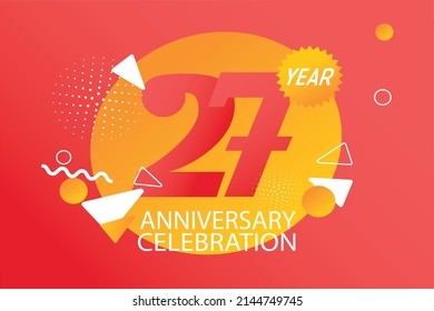 27 year anniversary celebration logotype. anniversary logo with orange and white color isolated on black background, vector design for celebration, invitation card, and greeting card - Vector