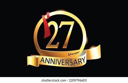 27 Year Anniversary celebration Vector Design with ring and red ribbon. 27th Anniversary celebration. Gold Luxury Banner of 27th Anniversary celebration. twenty-seventh celebration card. 