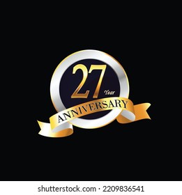 27 Year Anniversary celebration Vector Design with ring and ribbon. 27th Anniversary celebration. Gold Luxury Banner of 27th Anniversary celebration. twenty-seventh celebration card.
