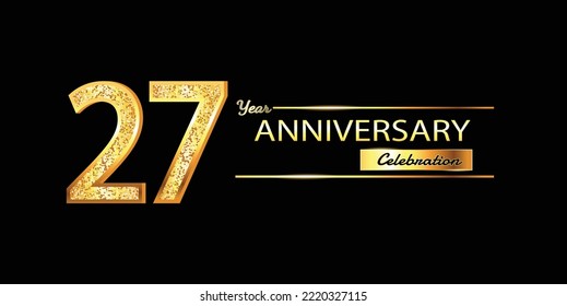 27 Year Anniversary celebration Vector Design. 27th Anniversary celebration. Gold Luxury Banner of 27th Anniversary celebration with glitter 3D. Vector anniversary