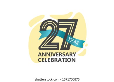 27 year anniversary, minimalist logo. jubilee, greeting card. Birthday invitation. year sign. Blue Ribbon space vector illustration on white background - Vector