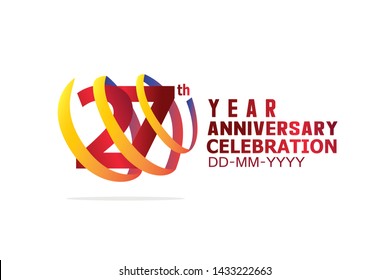 27 Year Anniversary, Red Color Text and Yellow-Orange-Blue Ribbon. Isolated graphic anniversary for banner, greeting card - vector