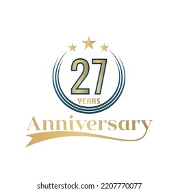 27 Year Anniversary Vector Template Design Illustration. Gold And Blue color design with ribbon