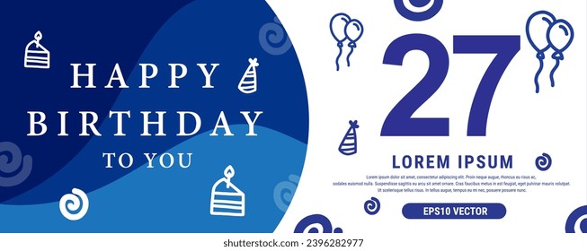 27 year celebration Creative Happy Birthday Text. Blue color decorative banner design, Vector illustration.