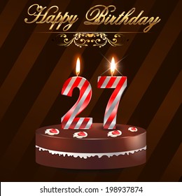 27 year Happy Birthday Card with cake and candles, 27th birthday - vector EPS10