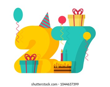 27 year Happy Birthday greeting card. 27th anniversary celebration Template. twenty seven number and festive piece of cake with candle. Balloon and Gift box.
