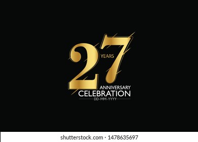 27 year minimalist logo years, jubilee, greeting card. Birthday invitation. Sign Gold space vector illustration on black background - Vector