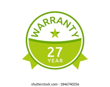 27 Year Warranty logo icon button stamp vectors, 27 years warranty green badges isolated on white background