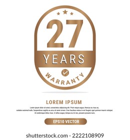 27 Year warranty vector art illustration in gold color with fantastic font and white background. Eps10 Vector