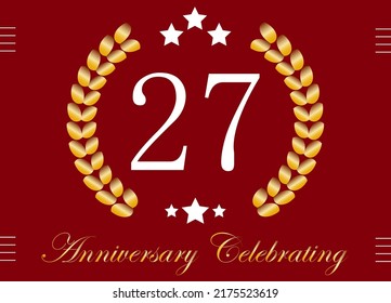 27 years anniversary celebration. Birthday date vector with gold crown on red background.