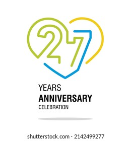 27 years anniversary celebration decoration colorful number bounded by a loving heart modern love line design logo icon white background