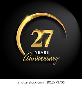 27 years anniversary celebration. Anniversary logo with ring and elegance golden color isolated on black background, vector design for celebration, invitation card, and greeting card