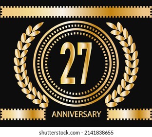 27 years anniversary celebration logotype. Vector and illustration in gold and black background