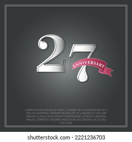  27 Years Anniversary celebration logotype colored with shiny gray, using ribbon and isolated on black background
