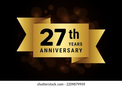 27 Years anniversary, anniversary celebration template design with gold ribbon. Logo vector illustration