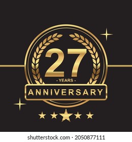27 years anniversary golden color with circle ring and stars isolated on black background for anniversary celebration event luxury gold premium vector