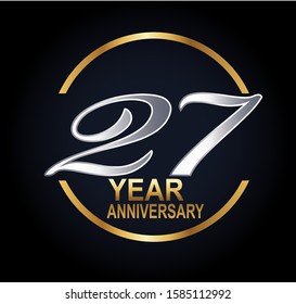 27 years anniversary golden and silver color with circle ring isolated on black background for anniversary celebration event