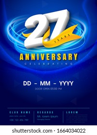 27 years anniversary invitation card - celebration template design , 27th anniversary modern design elements, dark blue background - vector illustration