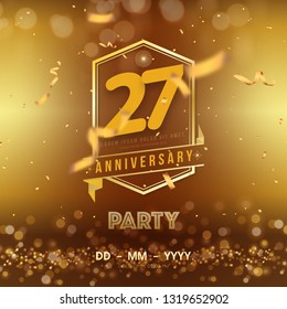 27 years anniversary logo template on gold background. 27th celebrating golden numbers with red ribbon vector and confetti isolated design elements