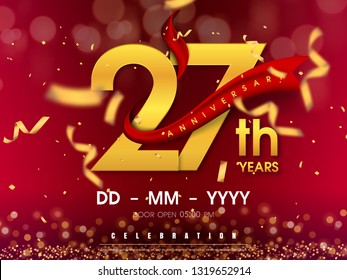 27 years anniversary logo template on gold background. 27th celebrating golden numbers with red ribbon vector and confetti isolated design elements