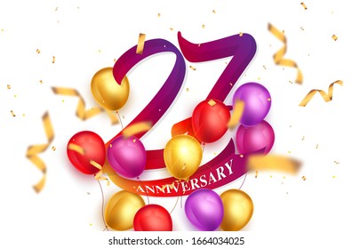 27 years anniversary logo template design on white background and balloons. 27th anniversary celebration background with red ribbon and balloons. Party poster or brochure template.