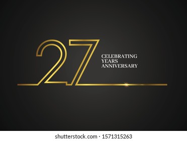 27  Years Anniversary logotype with golden colored font numbers made of one connected line, isolated on black background for company celebration event, birthday - Vector