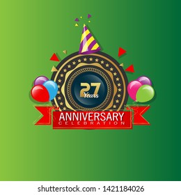 27 years anniversary - modern design celebrating. 27 years anniversary celebration simple logo. ribbon,balloon, gold emblem 