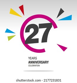 27 Years Anniversary, number in broken circle with colorful bang of confetti, logo, icon, white background