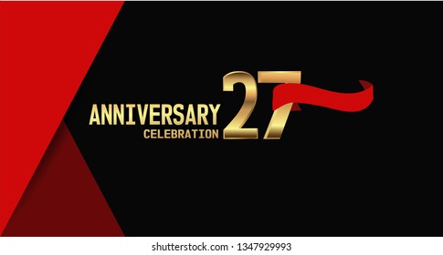 27 years Anniversary simple design with golden font and red ribbon, black and red background. elegant and simple design