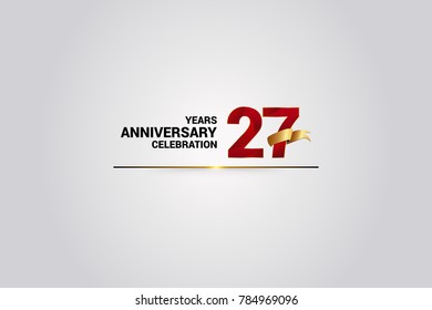 27 Years anniversary using red elegant number isolated on white background, with golden ribbon ca be use as celebration event logo