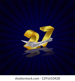 27 years anniversary Vector Template Design with golden color and silver ribbon isolated on blue sunburst background illustration for celebration event - Vector