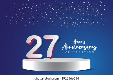Ilustración de diseño de plantillas vectoriales de 27 años de aniversario. Números 3d azules con escenario de podio para celebración