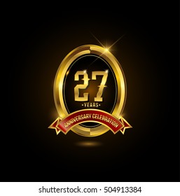27 years golden anniversary logo with red ribbon and oval ring