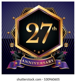 27 years golden anniversary logo celebration with ring and ribbon.