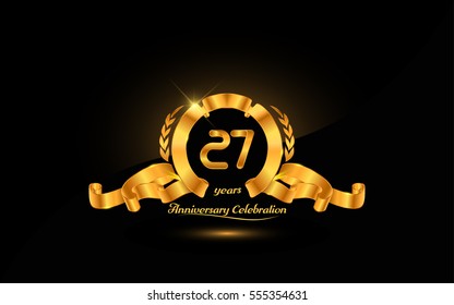 27 years golden anniversary logo celebration with ribbon and laurel.