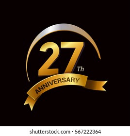 27 years golden anniversary logo celebration with ring and ribbon.