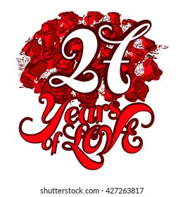 27 Years of Love with nice bouquet of roses, Invitation Card Design, Hand Drawn Vector Artwork