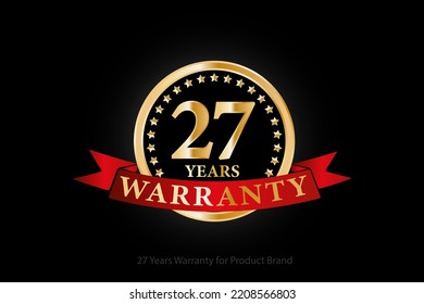 27 years warranty golden logo with ring and red ribbon isolated on black background, vector design for product warranty, guarantee, service, corporate, and your business.