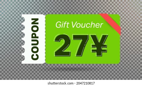 27 Yuan coupon promotion sale for website, internet ads, social media.Big sale and super sale coupon code Japanese yen 27 discount gift voucher coupon vector illustration summer offer ends weekend