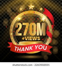 270M+ Views Logotype with Gold and red Confetti Isolated on Black Background(PNG), Vector design for video display celebration.